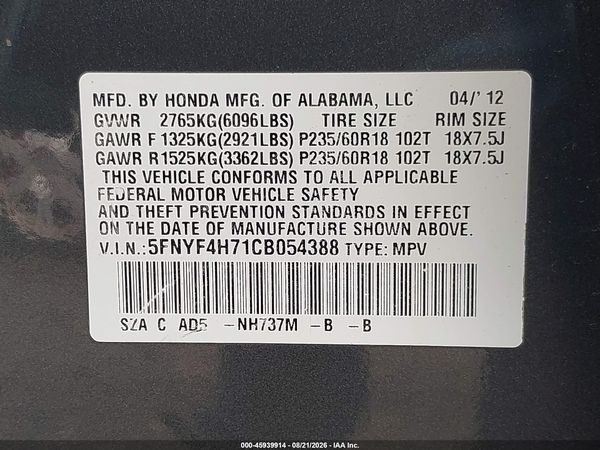 2012 HONDA PILOT EX-L