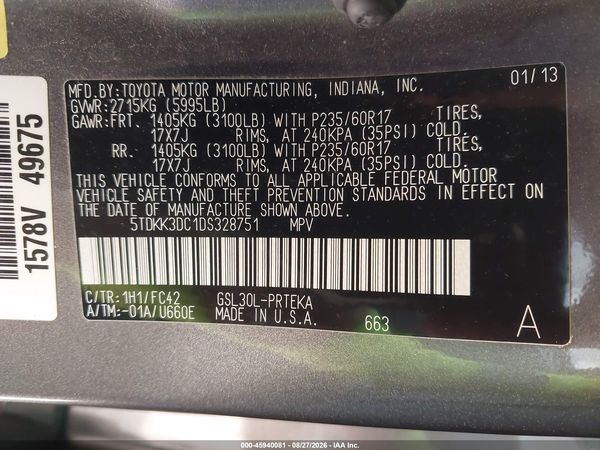 2013 TOYOTA SIENNA LE V6 8 PASSENGER — I9