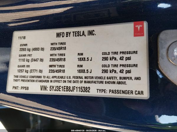 2018 TESLA MODEL 3 LONG RANGE/PERFORMANCE