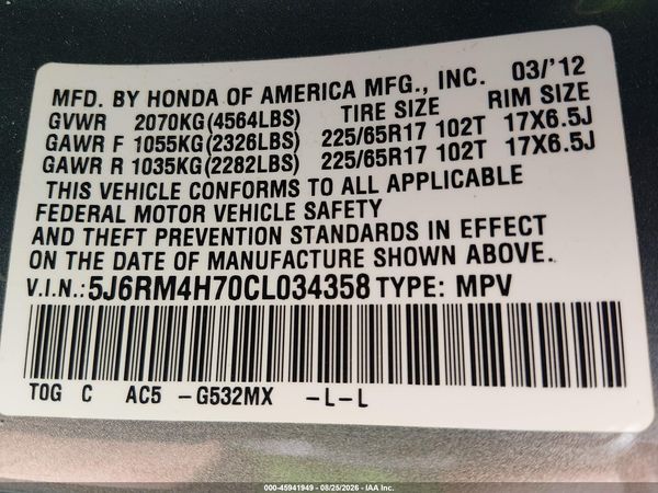2012 HONDA CR-V EX-L — I9