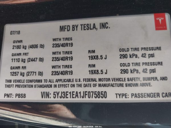 2018 TESLA MODEL 3 LONG RANGE/MID RANGE — I9