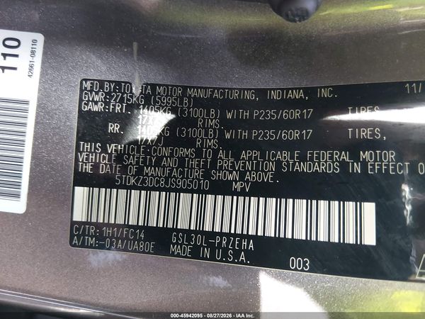2018 TOYOTA SIENNA LE 8 PASSENGER