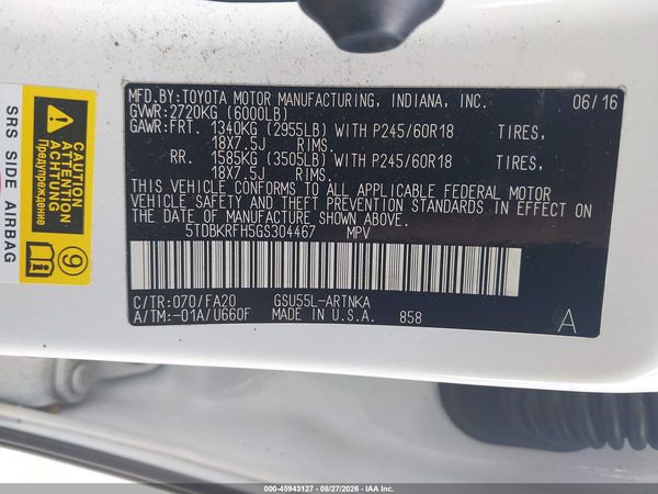 2016 TOYOTA HIGHLANDER LE PLUS V6 — I9