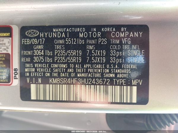2017 HYUNDAI SANTA FE SE ULTIMATE — I9