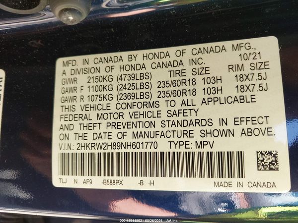 2022 HONDA CR-V AWD EX-L — I9