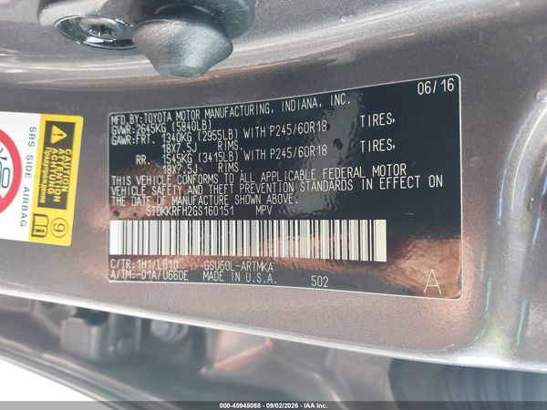 2016 TOYOTA HIGHLANDER XLE V6 — I9