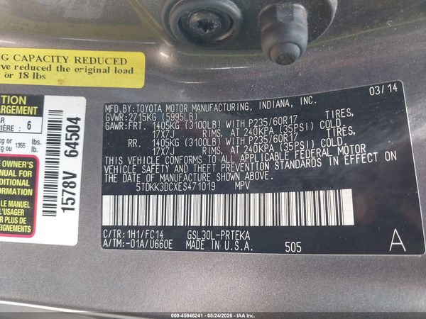 2014 TOYOTA SIENNA LE V6 8 PASSENGER
