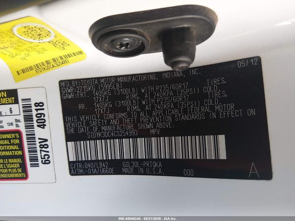 2012 TOYOTA SIENNA XLE V6 8 PASSENGER — I9