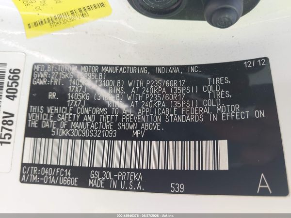 2013 TOYOTA SIENNA LE V6 8 PASSENGER