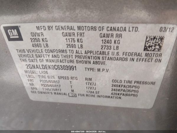 2012 CHEVROLET EQUINOX LT W/1LT — I9