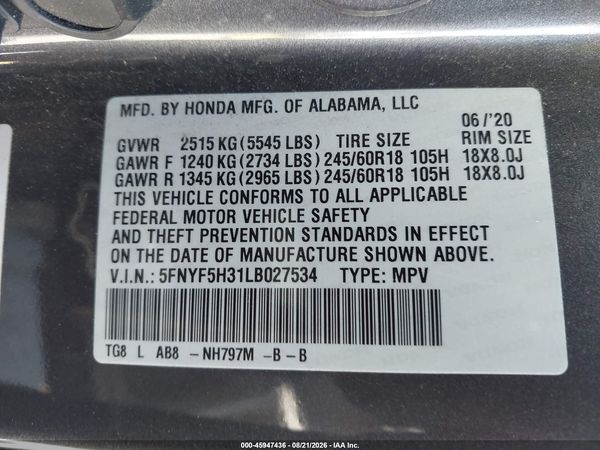 2020 HONDA PILOT 2WD EX