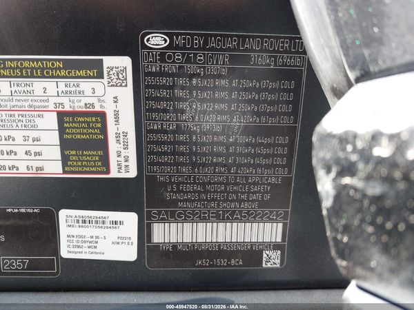 2019 LAND ROVER RANGE ROVER 5.0L V8 SUPERCHARGED — I9