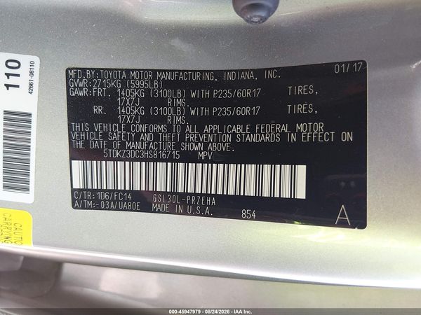 2017 TOYOTA SIENNA LE 8 PASSENGER