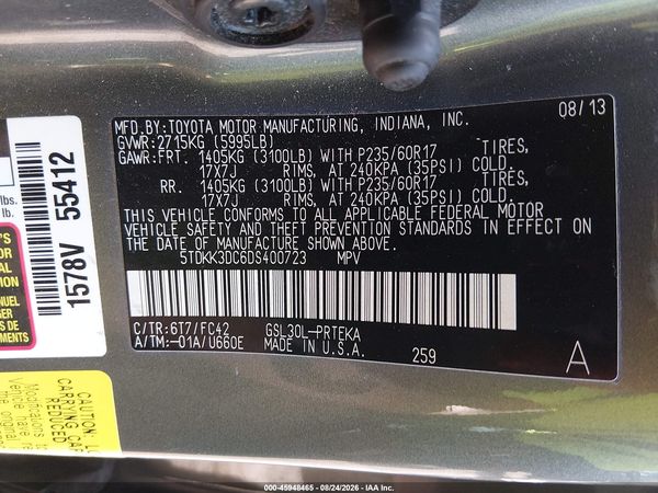 2013 TOYOTA SIENNA LE V6 8 PASSENGER