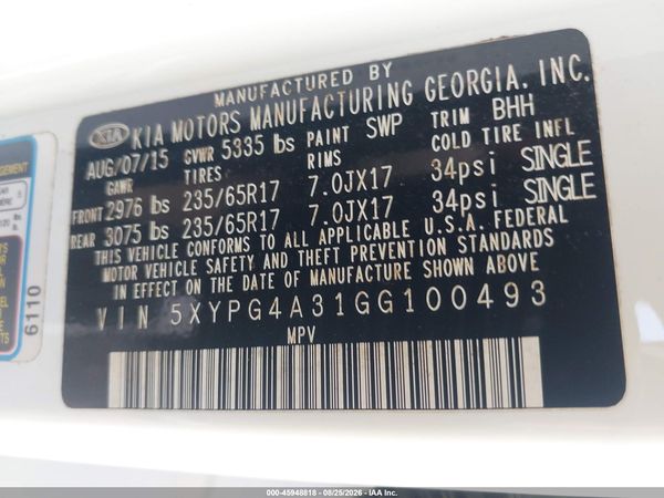 2016 KIA SORENTO 2.4L LX
