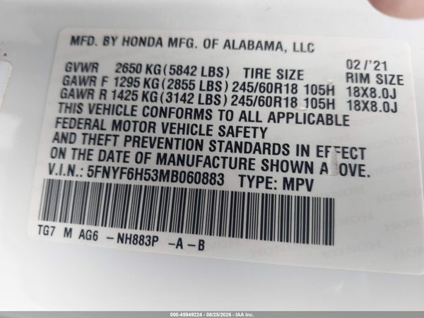 2021 HONDA PILOT AWD EX-L — I9