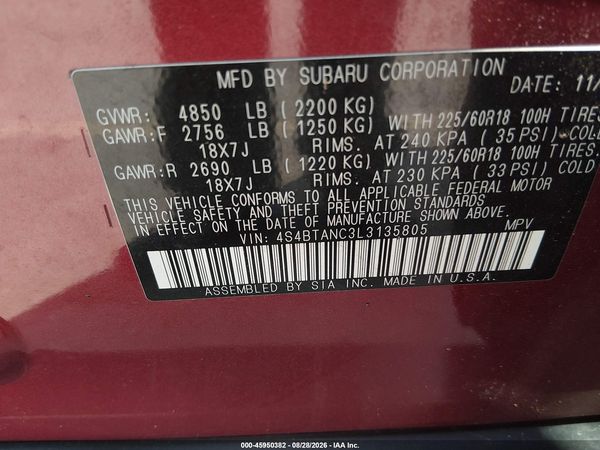 2020 SUBARU OUTBACK LIMITED — I9