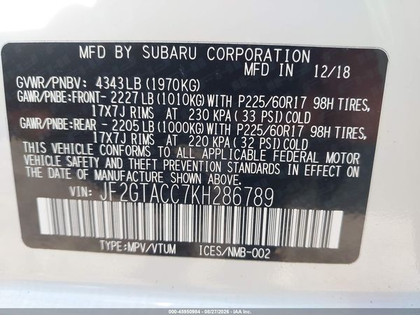 2019 SUBARU CROSSTREK 2.0I PREMIUM