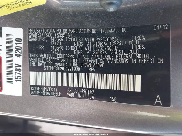 2012 TOYOTA SIENNA LE V6 8 PASSENGER