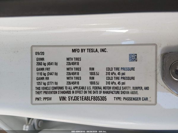 2020 TESLA MODEL 3 — I9