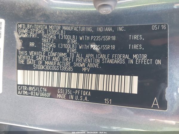 2016 TOYOTA SIENNA XLE PREMIUM 7 PASSENGER — I9