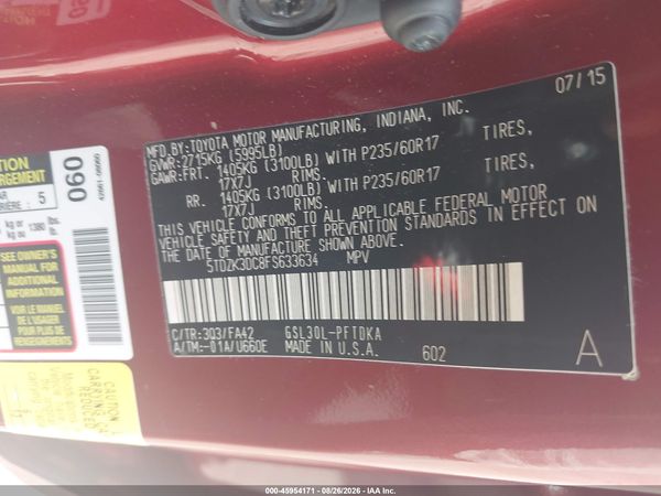 2015 TOYOTA SIENNA L 7 PASSENGER