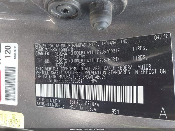 2016 TOYOTA SIENNA XLE 8 PASSENGER