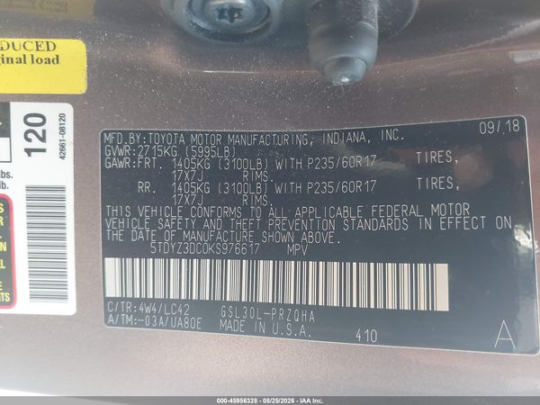 2019 TOYOTA SIENNA XLE 8 PASSENGER