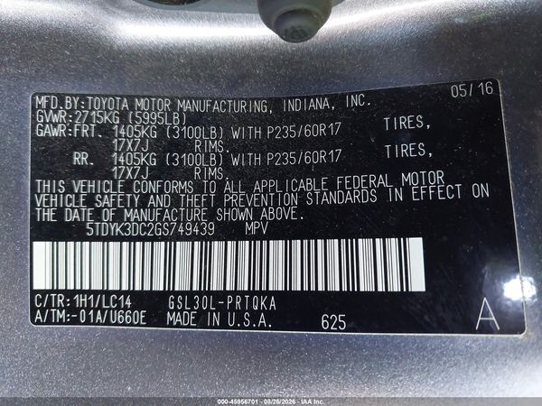 2016 TOYOTA SIENNA XLE 8 PASSENGER