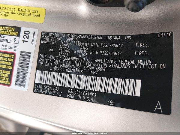 2016 TOYOTA SIENNA XLE 8 PASSENGER — I9