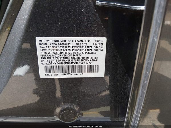 2012 HONDA PILOT TOURING — I9