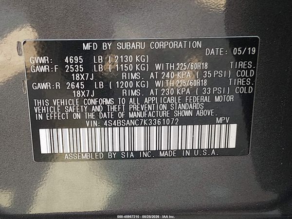 2019 SUBARU OUTBACK 2.5I LIMITED