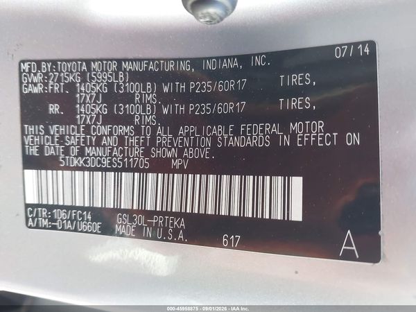 2014 TOYOTA SIENNA LE V6 8 PASSENGER