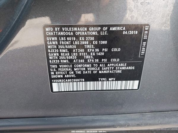 2019 VOLKSWAGEN ATLAS 3.6L V6 SE W/TECHNOLOGY — I9