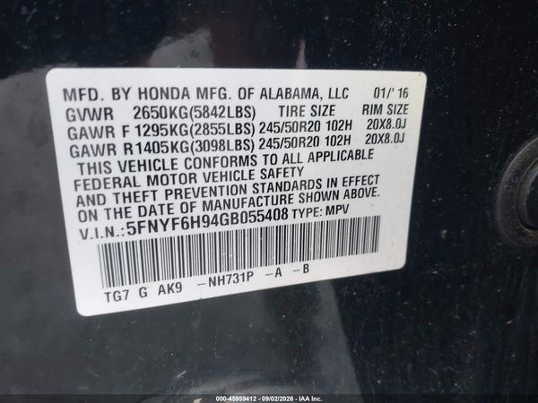 2016 HONDA PILOT TOURING — I9