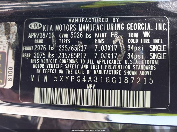 2016 KIA SORENTO 2.4L L
