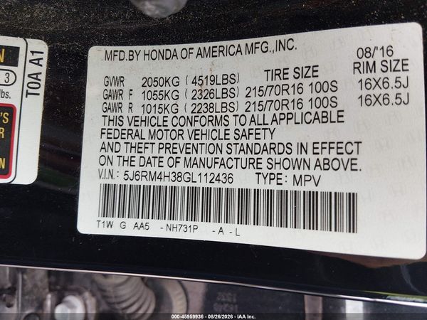 2016 HONDA CR-V LX — I9