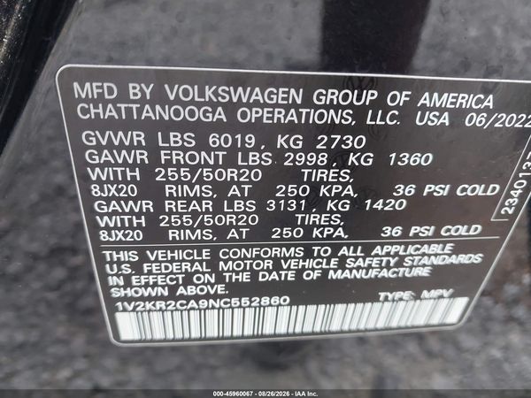 2022 VOLKSWAGEN ATLAS 3.6L V6 SE W/TECHNOLOGY — I9