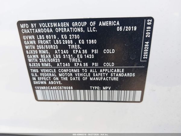 2019 VOLKSWAGEN ATLAS 3.6L V6 SEL PREMIUM — I9