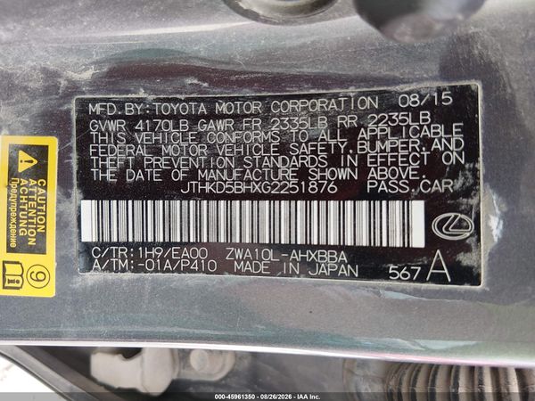 2016 LEXUS CT 200H — I9