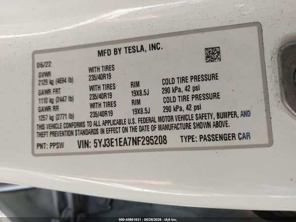 2022 TESLA MODEL 3 REAR-WHEEL DRIVE — I9