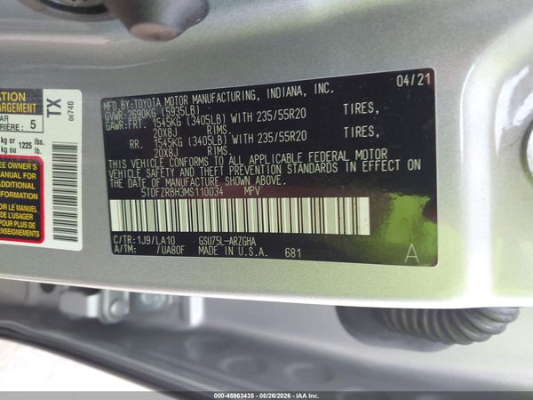 2021 TOYOTA HIGHLANDER PLATINUM — I9