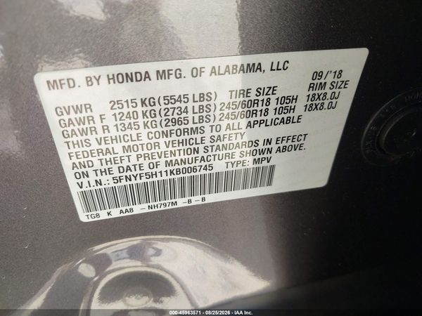 2019 HONDA PILOT LX — I9