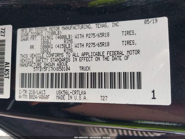 2019 TOYOTA TUNDRA LIMITED 5.7L V8