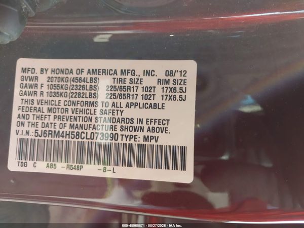 2012 HONDA CR-V EX — I9