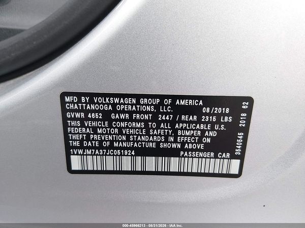 2018 VOLKSWAGEN PASSAT 3.6L V6 GT — I9