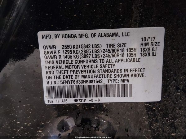 2017 HONDA PILOT EX — I9