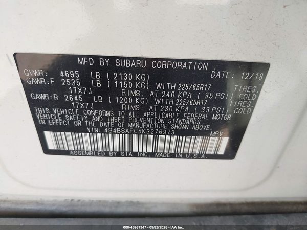 2019 SUBARU OUTBACK 2.5I PREMIUM — I9