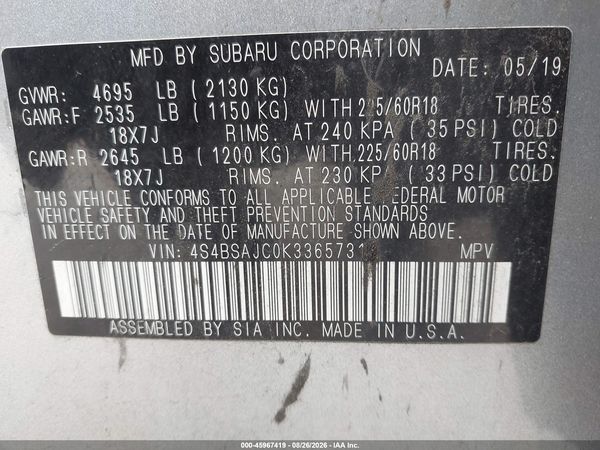 2019 SUBARU OUTBACK 2.5I LIMITED — I9
