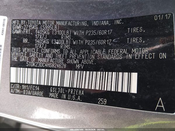 2017 TOYOTA SIENNA LE 8 PASSENGER